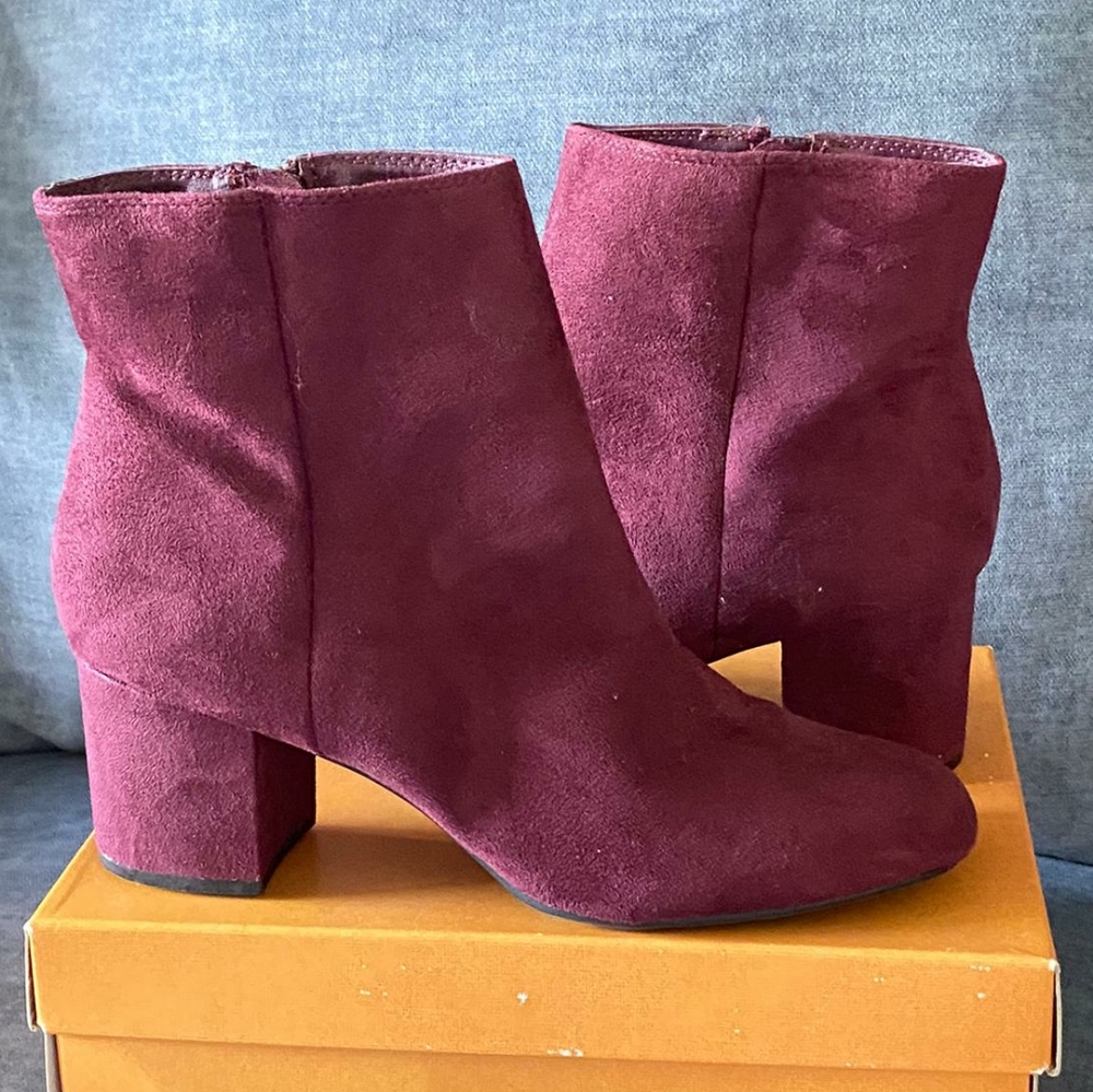 Wine suede block heel bootie
